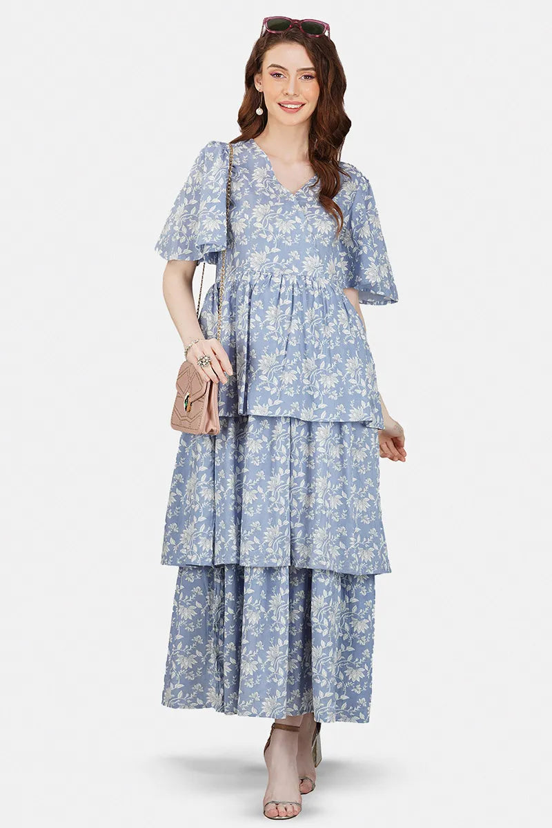 Blue Block Printed V-Neck Ruffled Dress