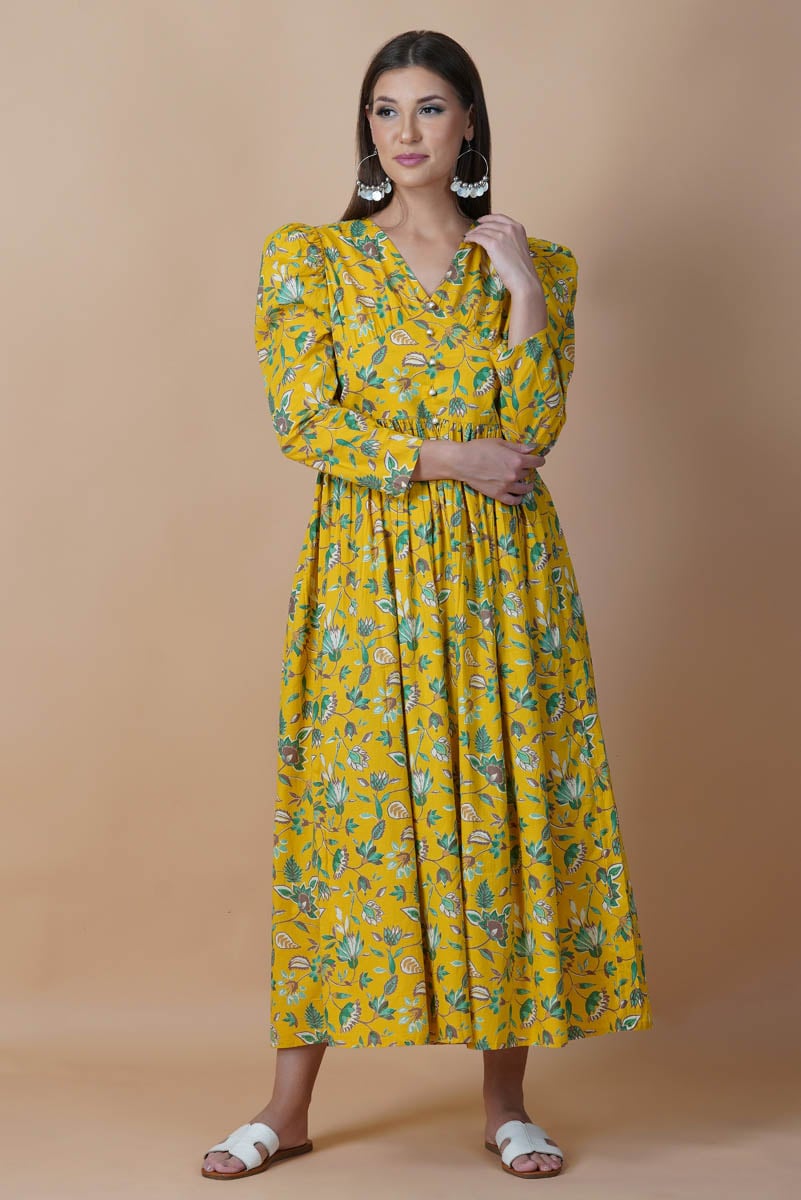 Yellow Floral Hand Printed V-Neck Dress With Gathered Shoulder