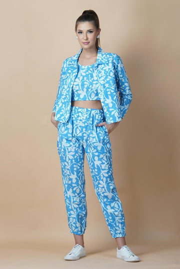 Sky Blue Hand Printed Jacket Set With Inner & Trouser