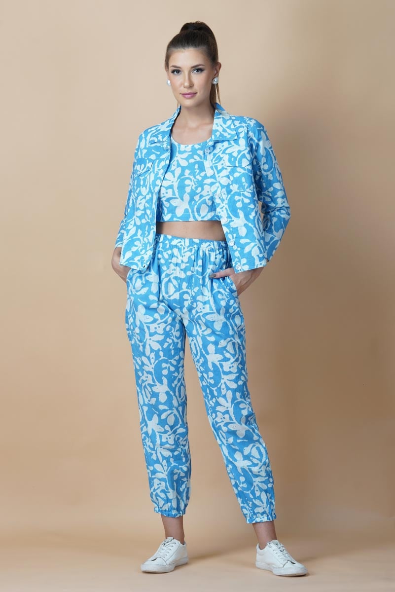 Sky Blue Hand Printed Jacket Set With Inner & Trouser