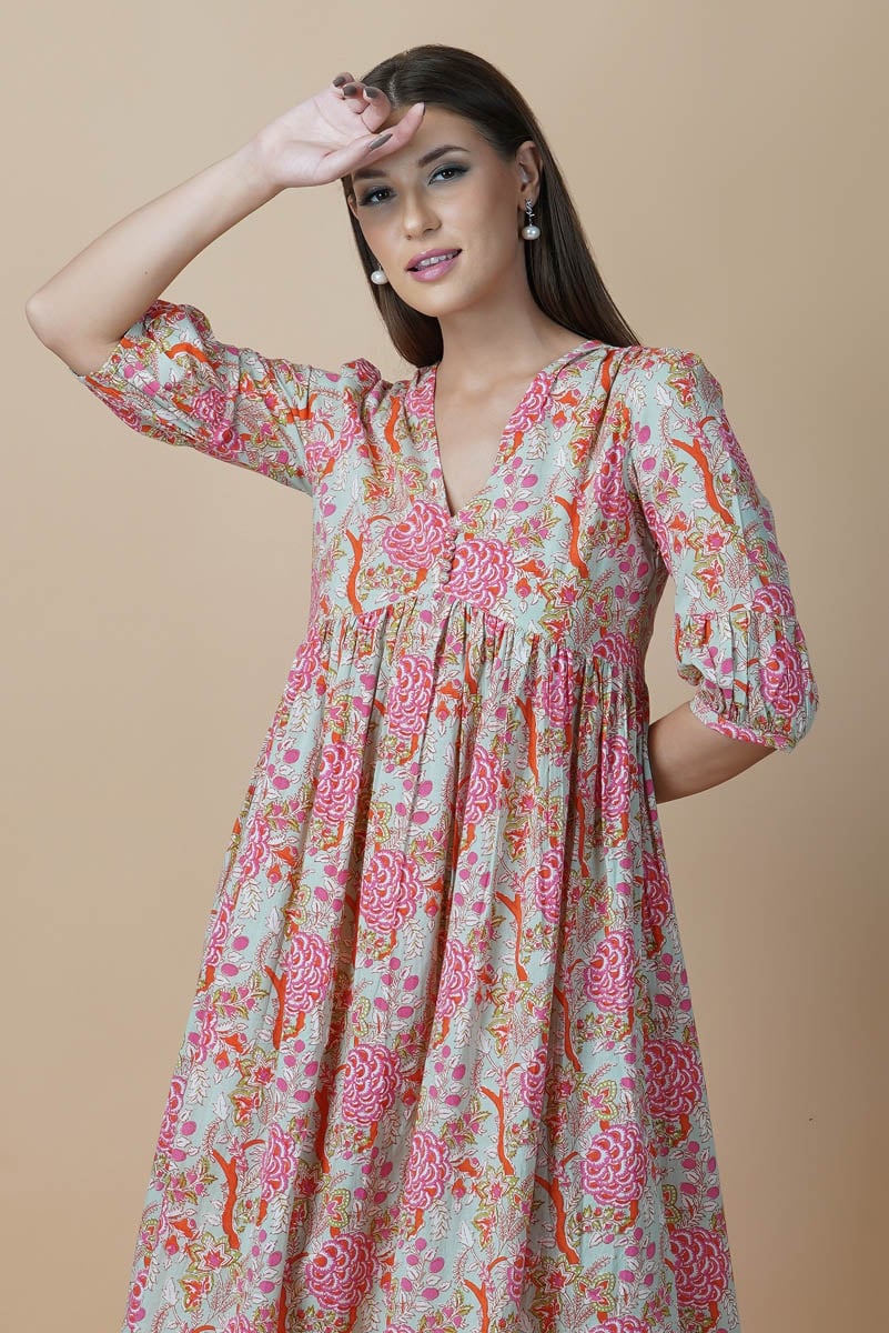 Green Floral Block Printed V-Neck Dress With Flared Hem & Pleated Sleeves