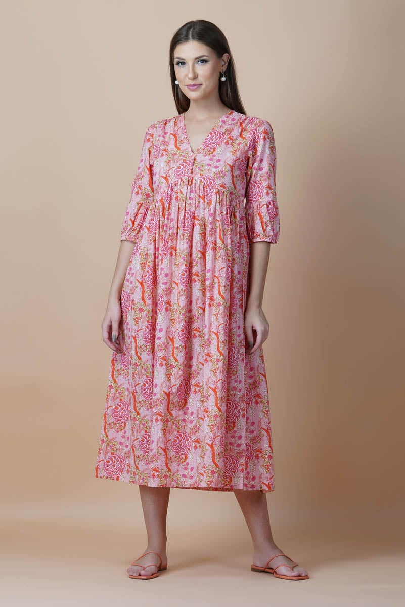 Pink Floral Block Printed V-Neck Dress With Flared Hem & Pleated Sleeves