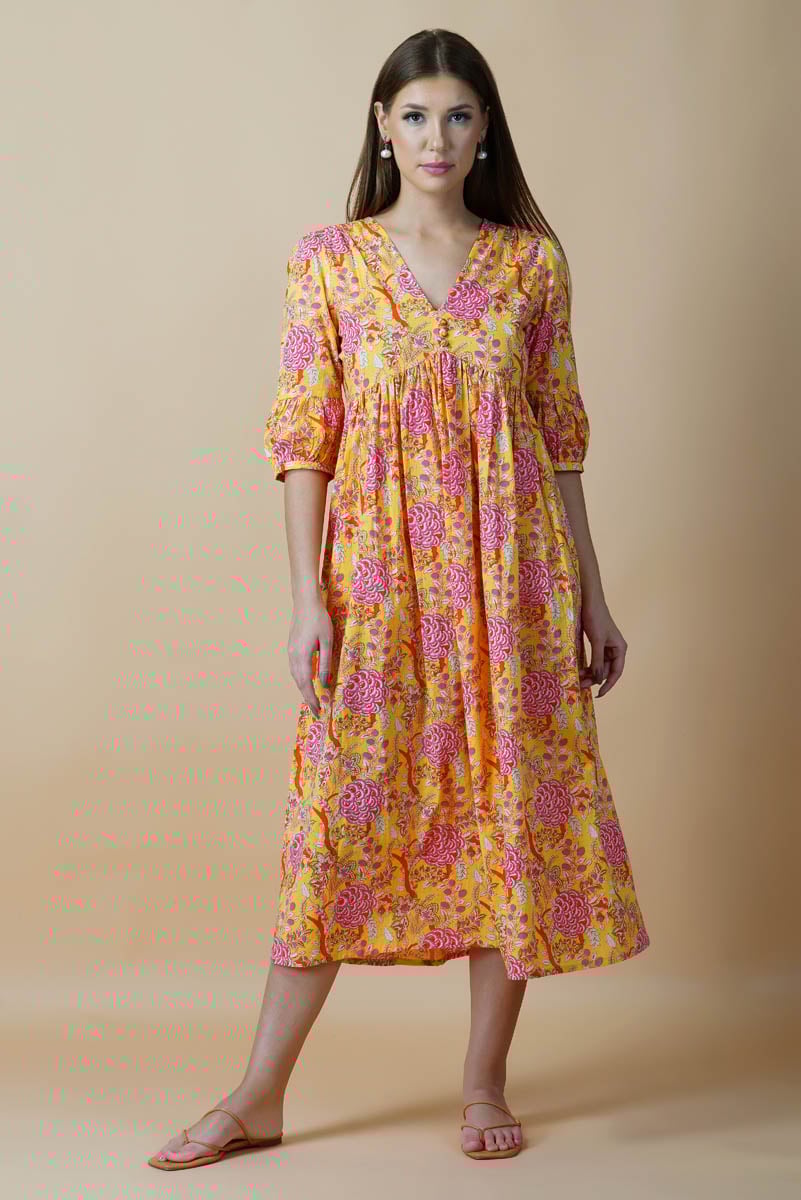 Yellow Floral Block Printed V-Neck Dress With Flared Hem & Pleated Sleeves
