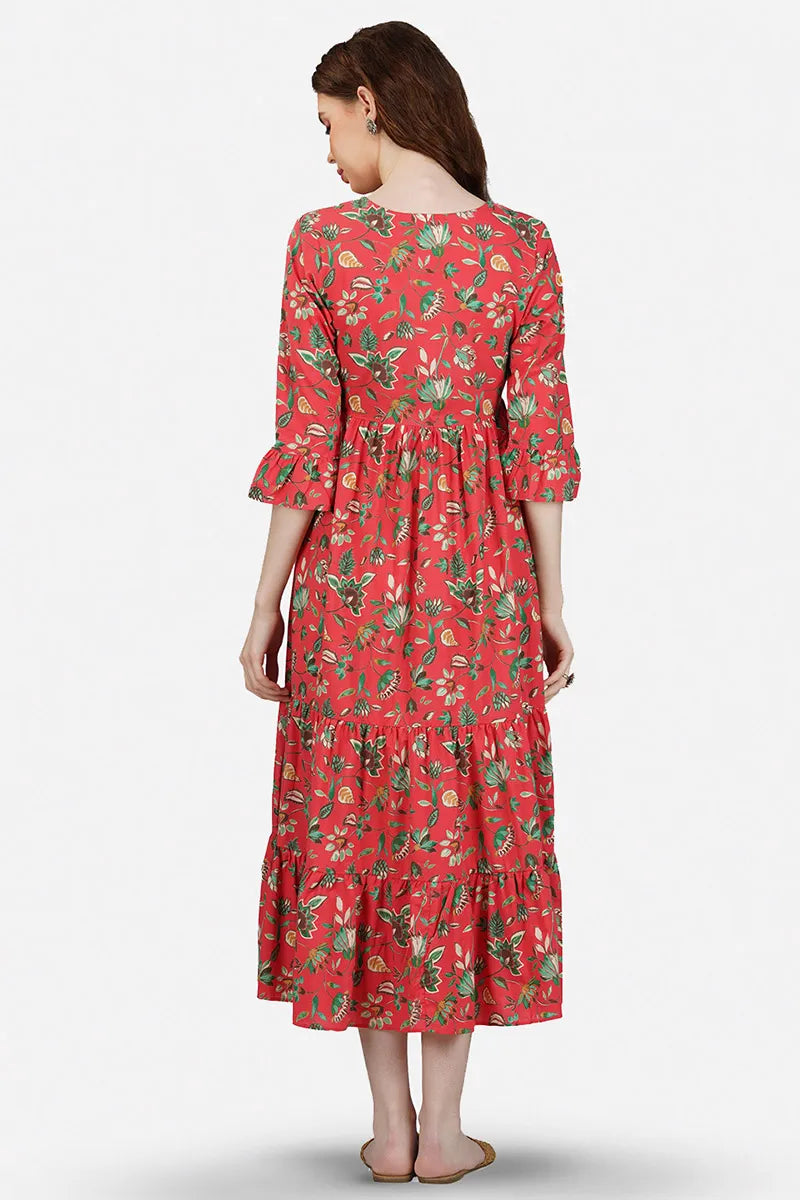 Red Hand Block printed V-Neck Long Printed Tired Dress With Gather