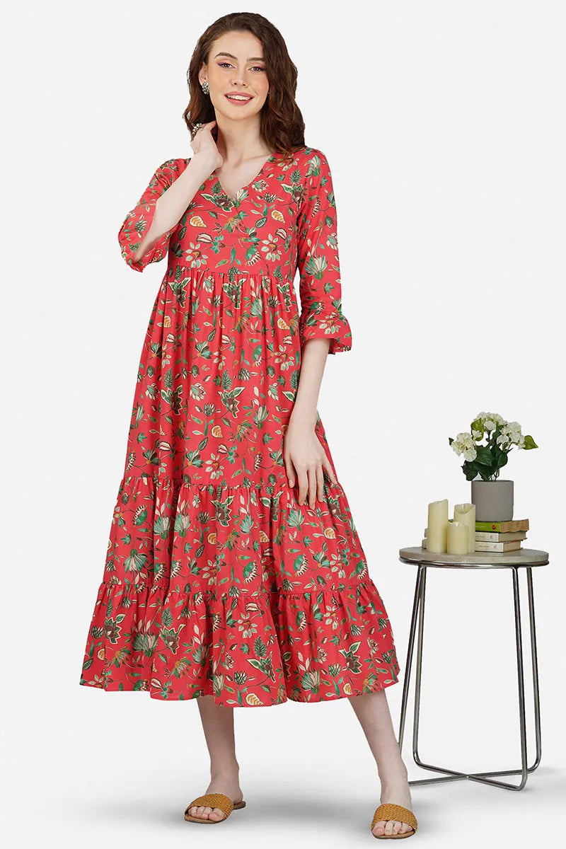 Red Hand Block printed V-Neck Long Printed Tired Dress With Gather