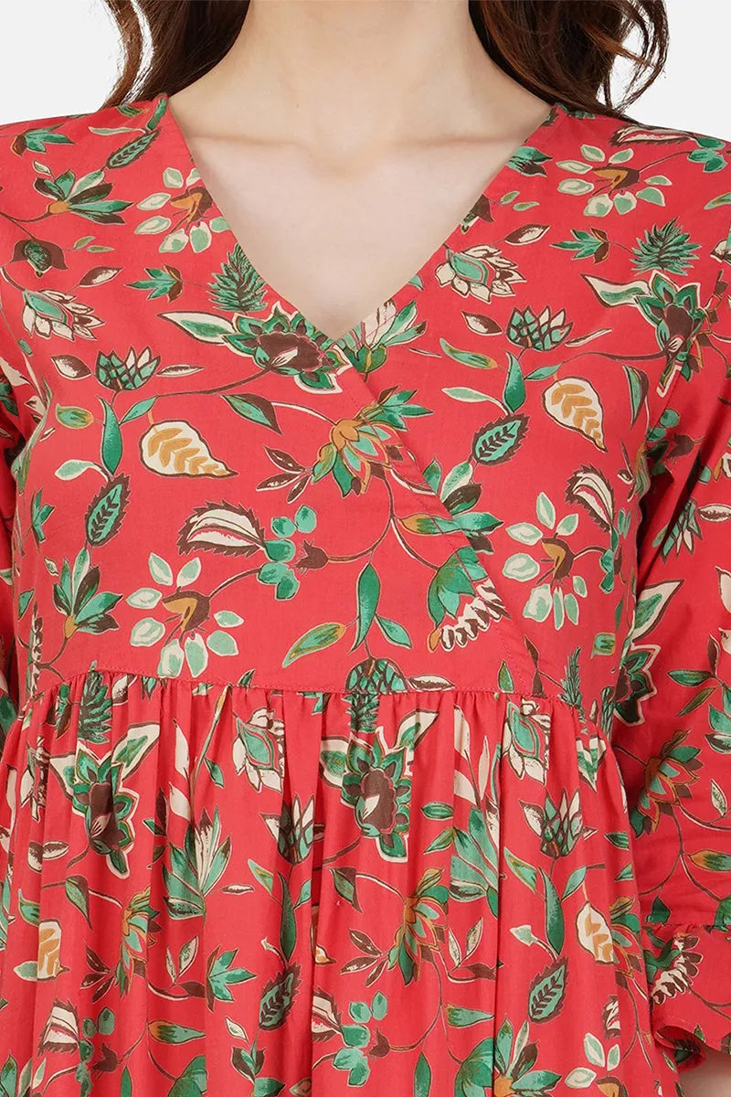 Red Hand Block printed V-Neck Long Printed Tired Dress With Gather