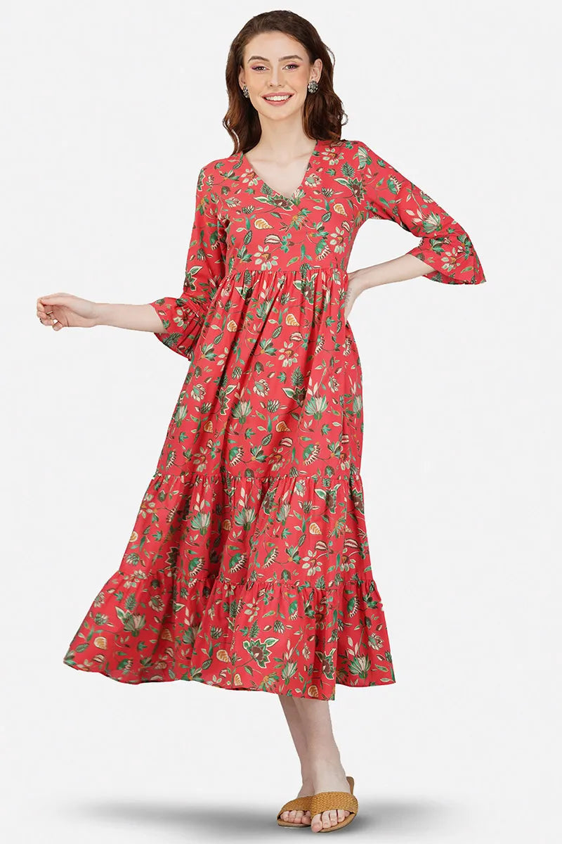 Red Hand Block printed V-Neck Long Printed Tired Dress With Gather