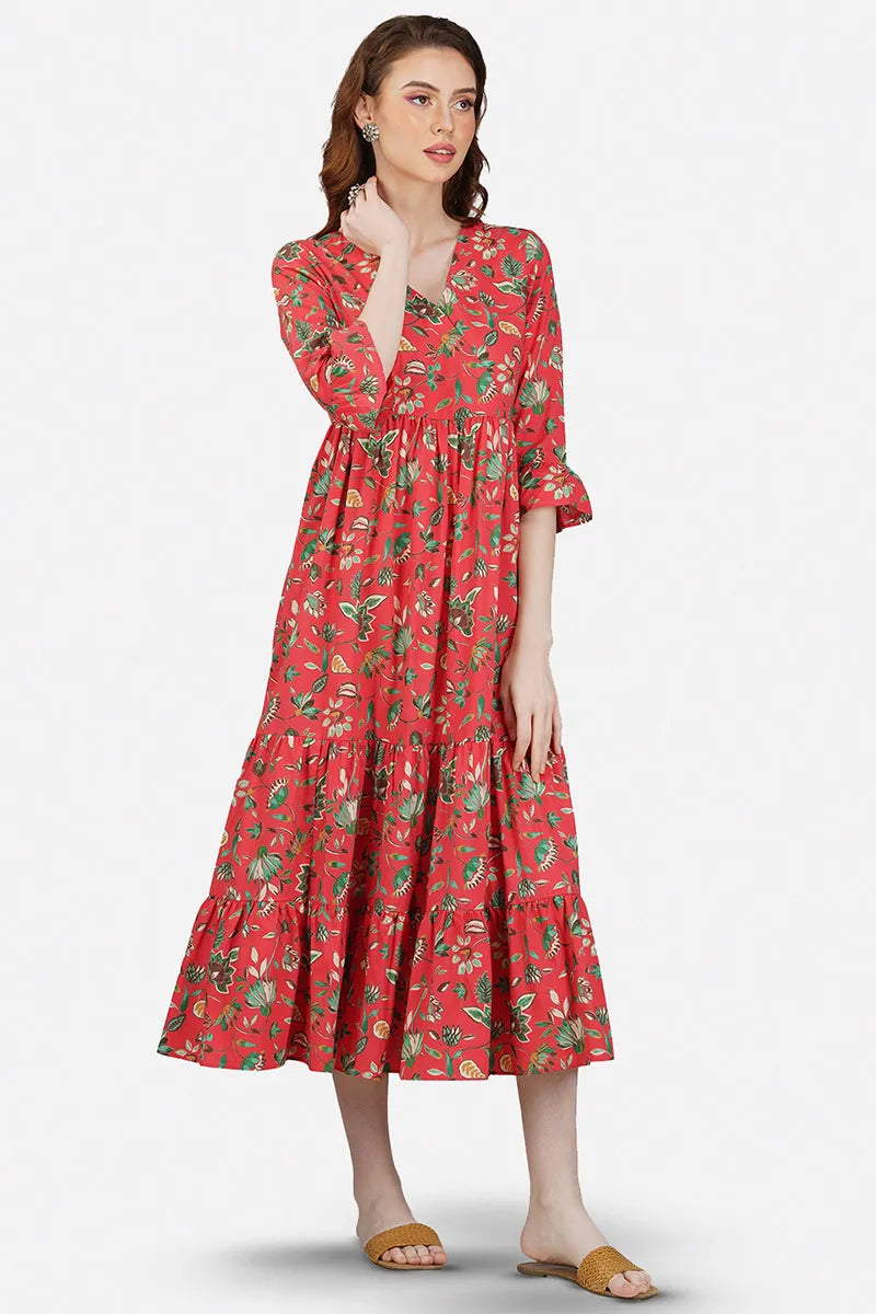 Red Hand Block printed V-Neck Long Printed Tired Dress With Gather