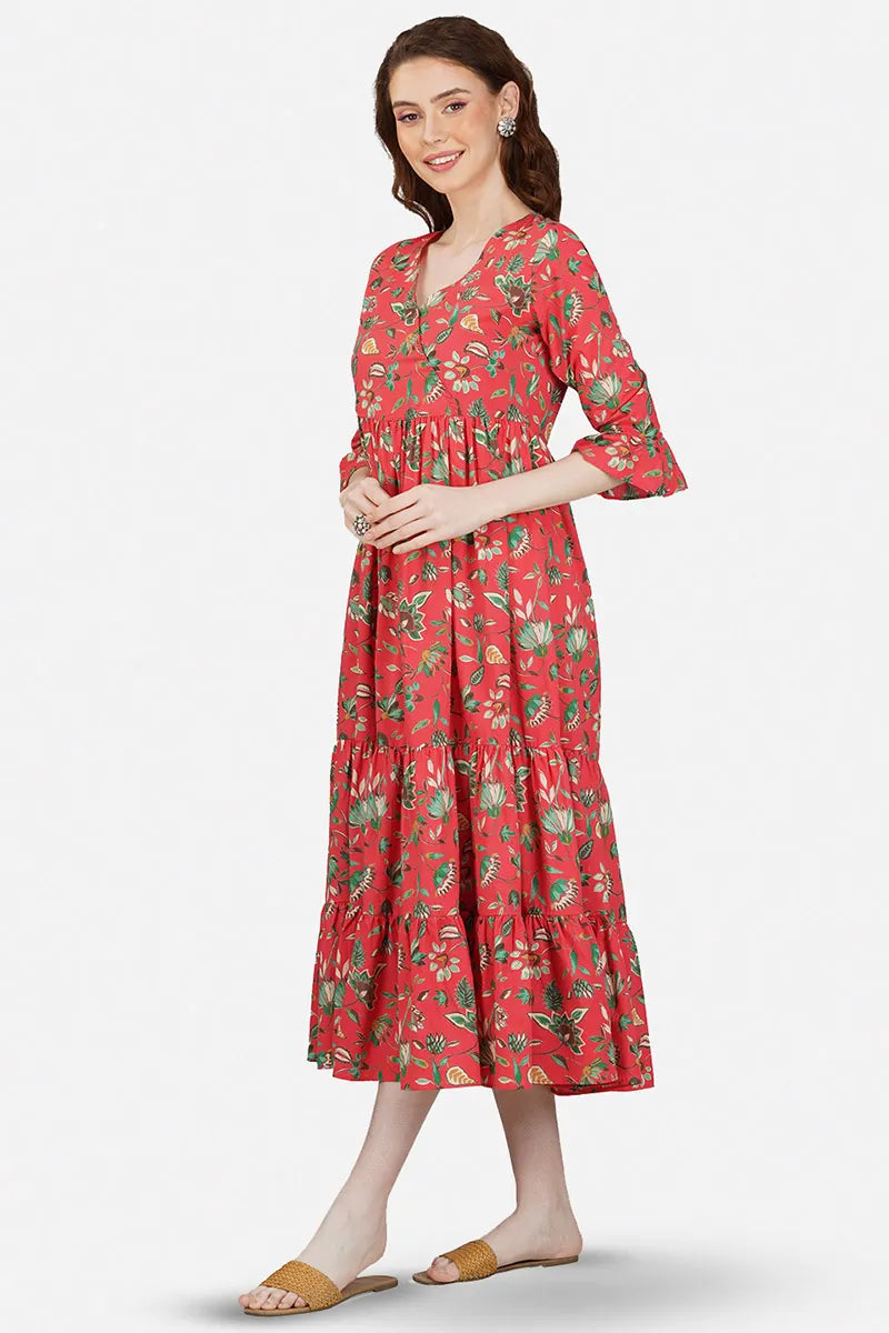 Red Hand Block printed V-Neck Long Printed Tired Dress With Gather