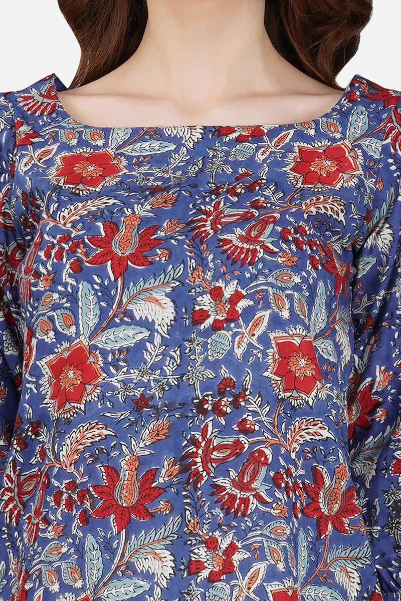 Blue Hand Block Printed Square Neck A-Line Long Kurta