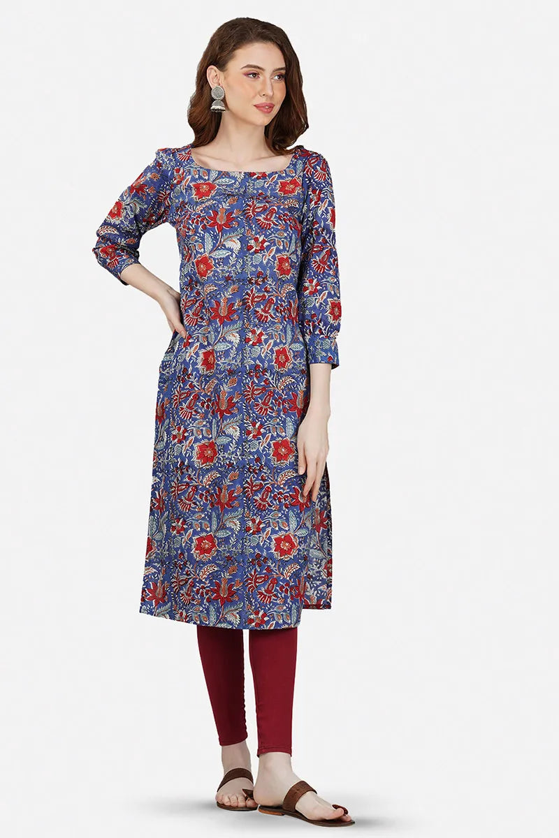 Blue Hand Block Printed Square Neck A-Line Long Kurta