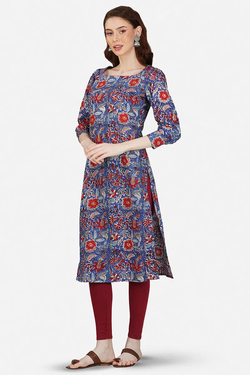 Blue Hand Block Printed Square Neck A-Line Long Kurta