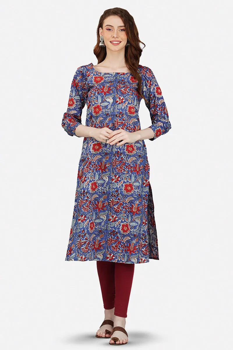 Blue Hand Block Printed Square Neck A-Line Long Kurta