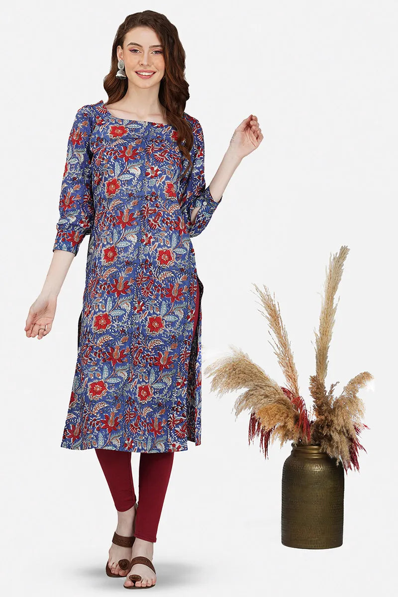 Blue Hand Block Printed Square Neck A-Line Long Kurta