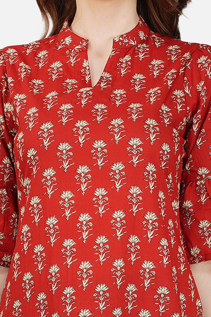 Red Hand Block Printed V-Neck A-Line Long Kurta
