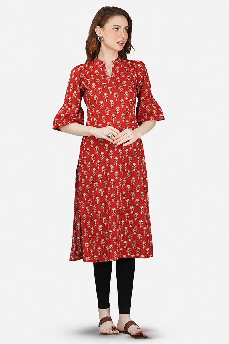 Red Hand Block Printed V-Neck A-Line Long Kurta