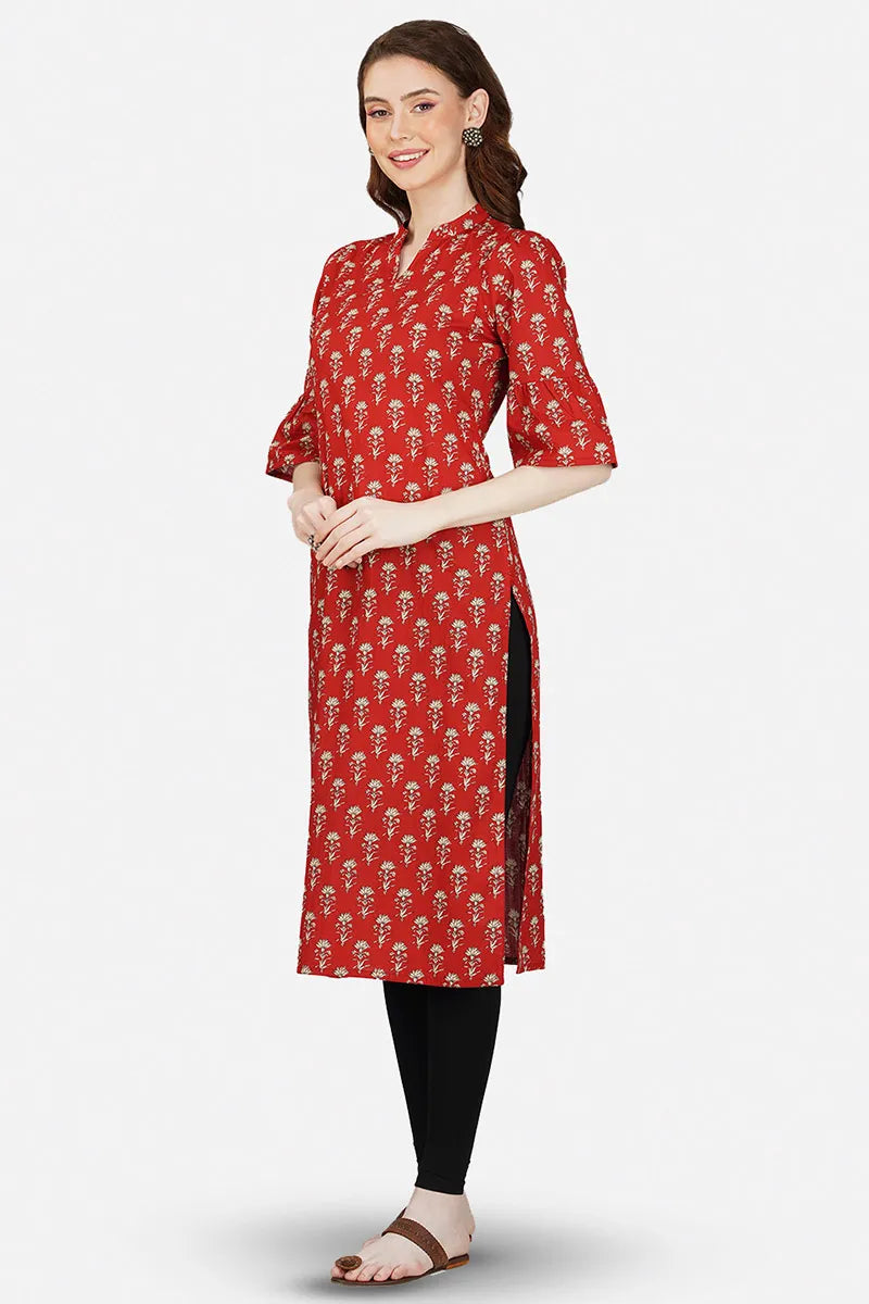 Red Hand Block Printed V-Neck A-Line Long Kurta