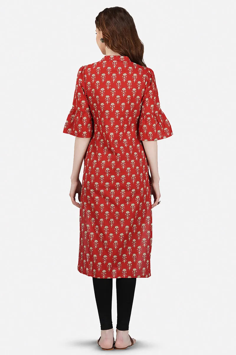 Red Hand Block Printed V-Neck A-Line Long Kurta