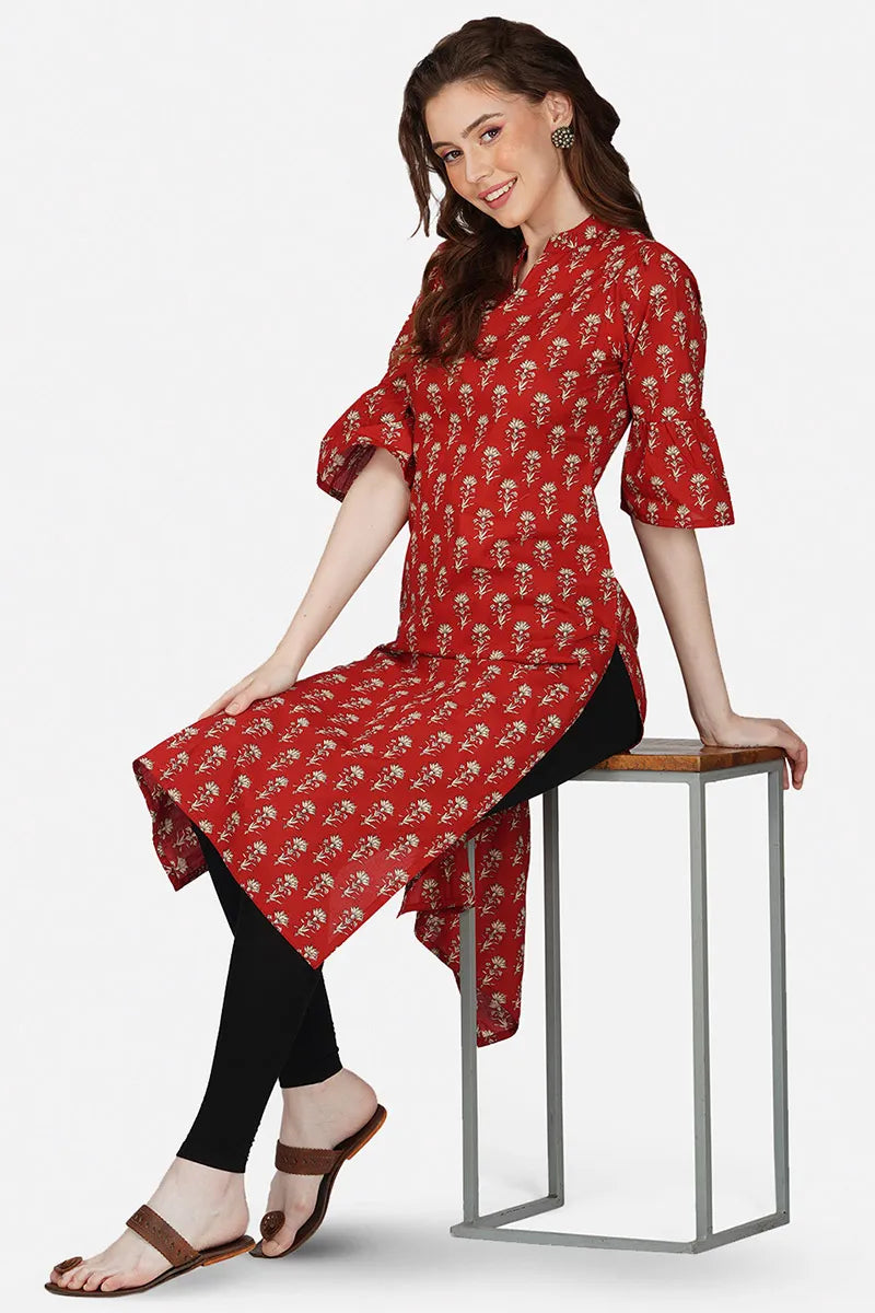 Red Hand Block Printed V-Neck A-Line Long Kurta