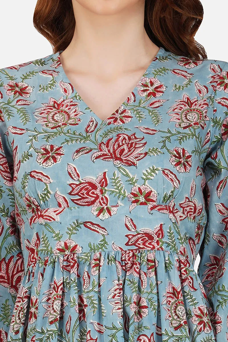 Grey Printed Long Dress With All Round Gather & Puffed Long Sleeves