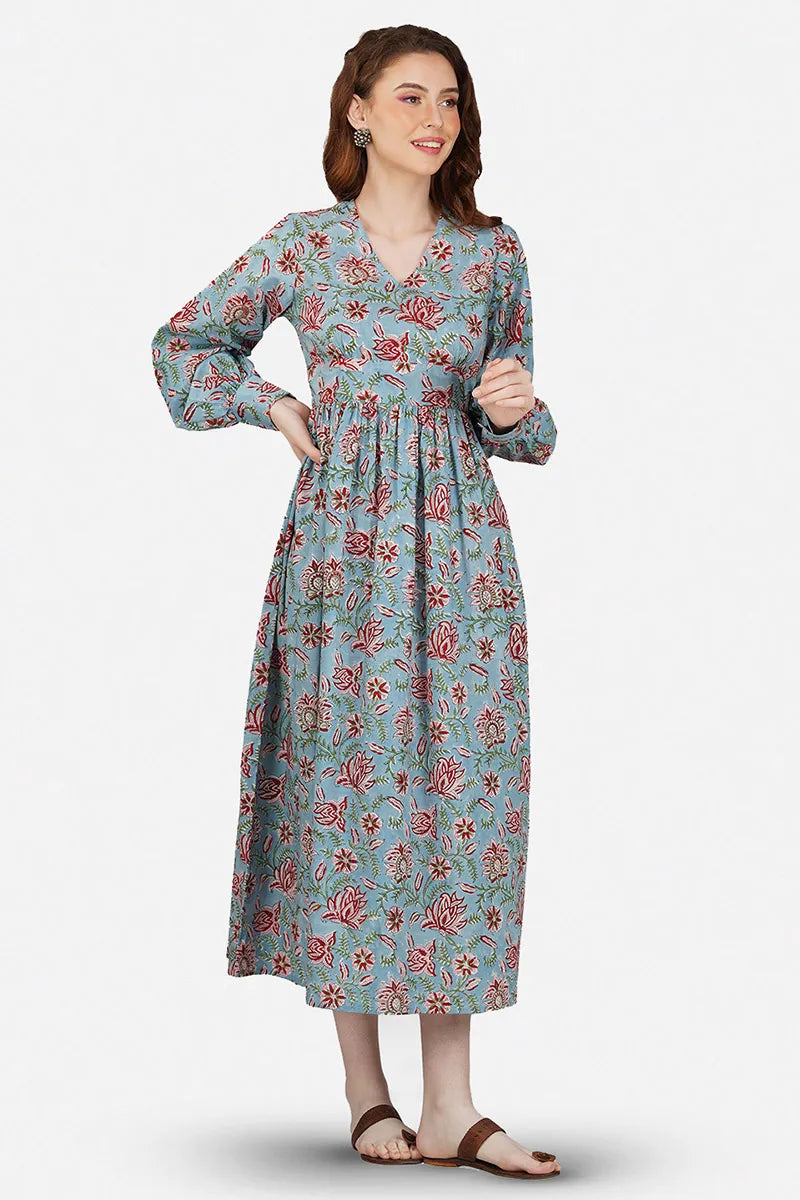 Grey Printed Long Dress With All Round Gather & Puffed Long Sleeves