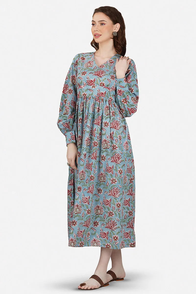Grey Printed Long Dress With All Round Gather & Puffed Long Sleeves