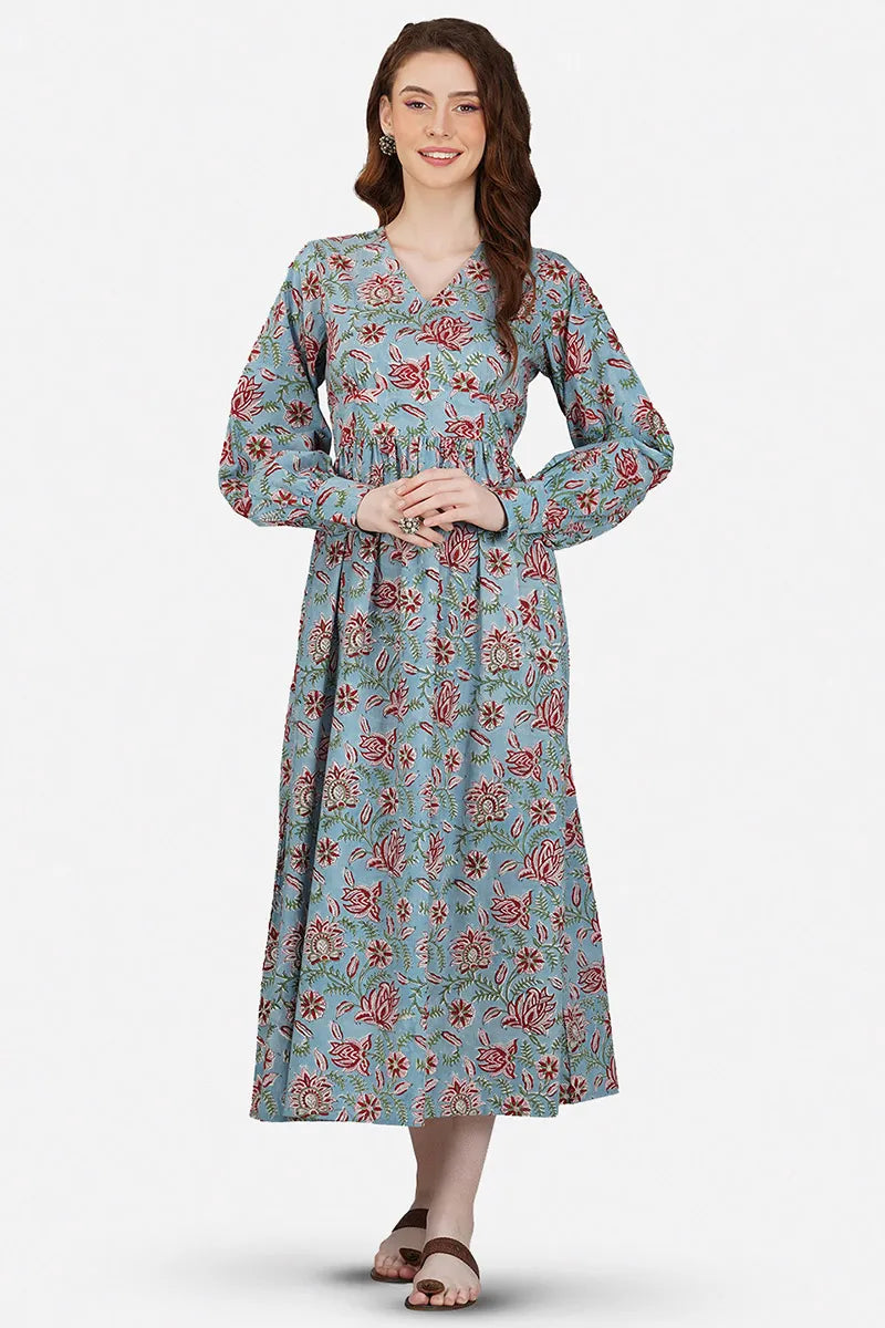 Grey Printed Long Dress With All Round Gather & Puffed Long Sleeves