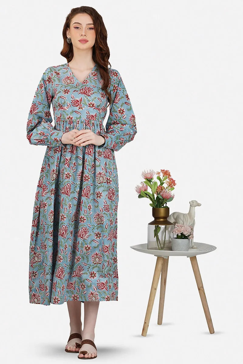 Grey Printed Long Dress With All Round Gather & Puffed Long Sleeves