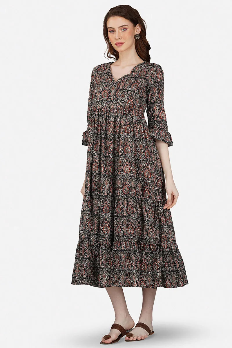 Black Hand Block printed V-Neck Long Printed Tired Dress With Gather