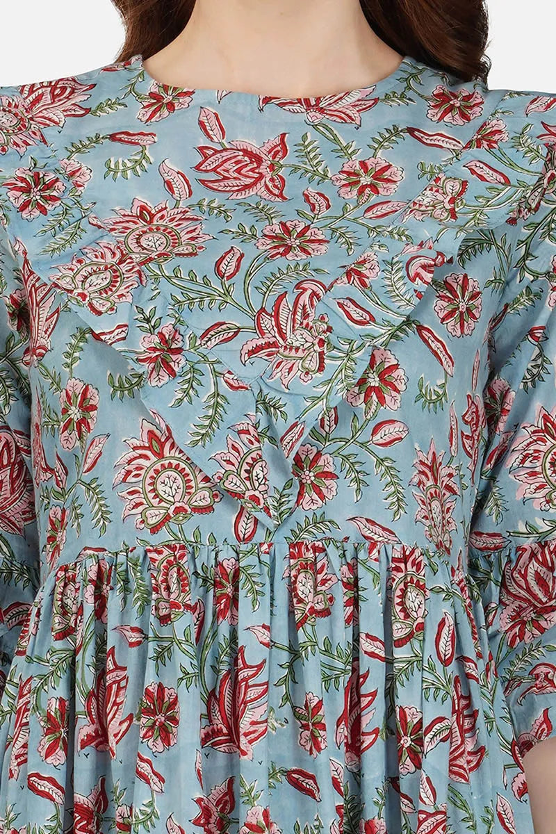 Grey Pure Cotton Block Printed Tired Dress