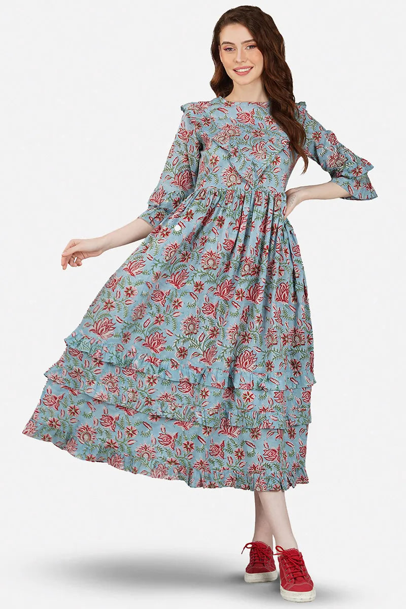 Grey Pure Cotton Block Printed Tired Dress