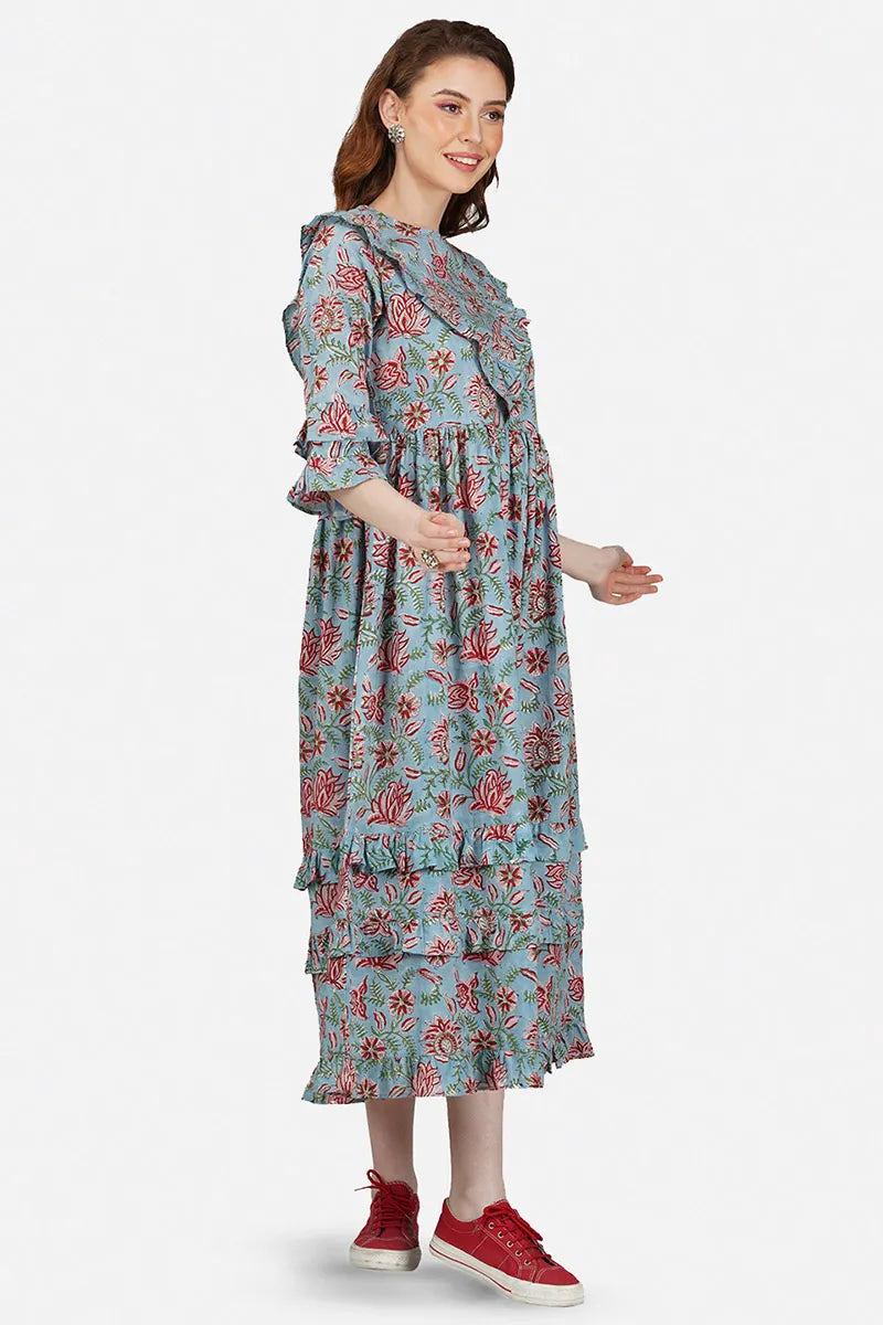 Grey Pure Cotton Block Printed Tired Dress