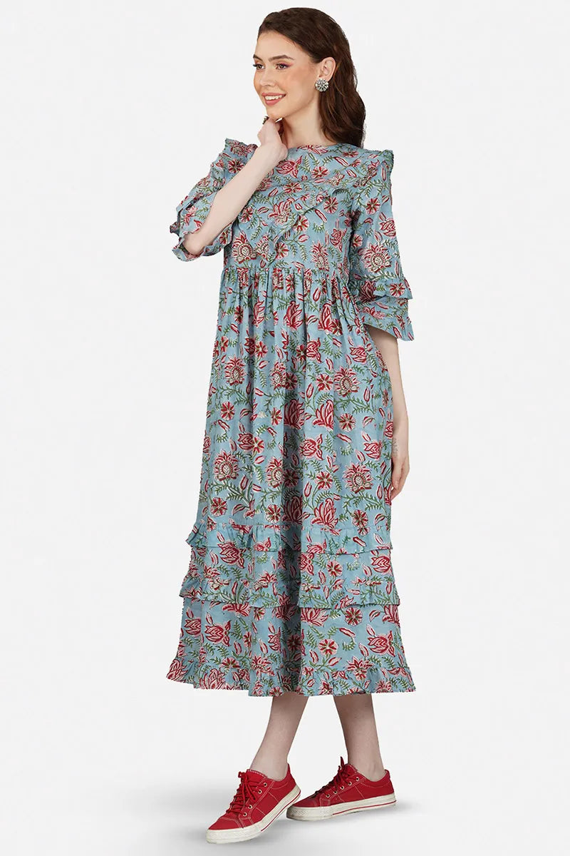 Grey Pure Cotton Block Printed Tired Dress