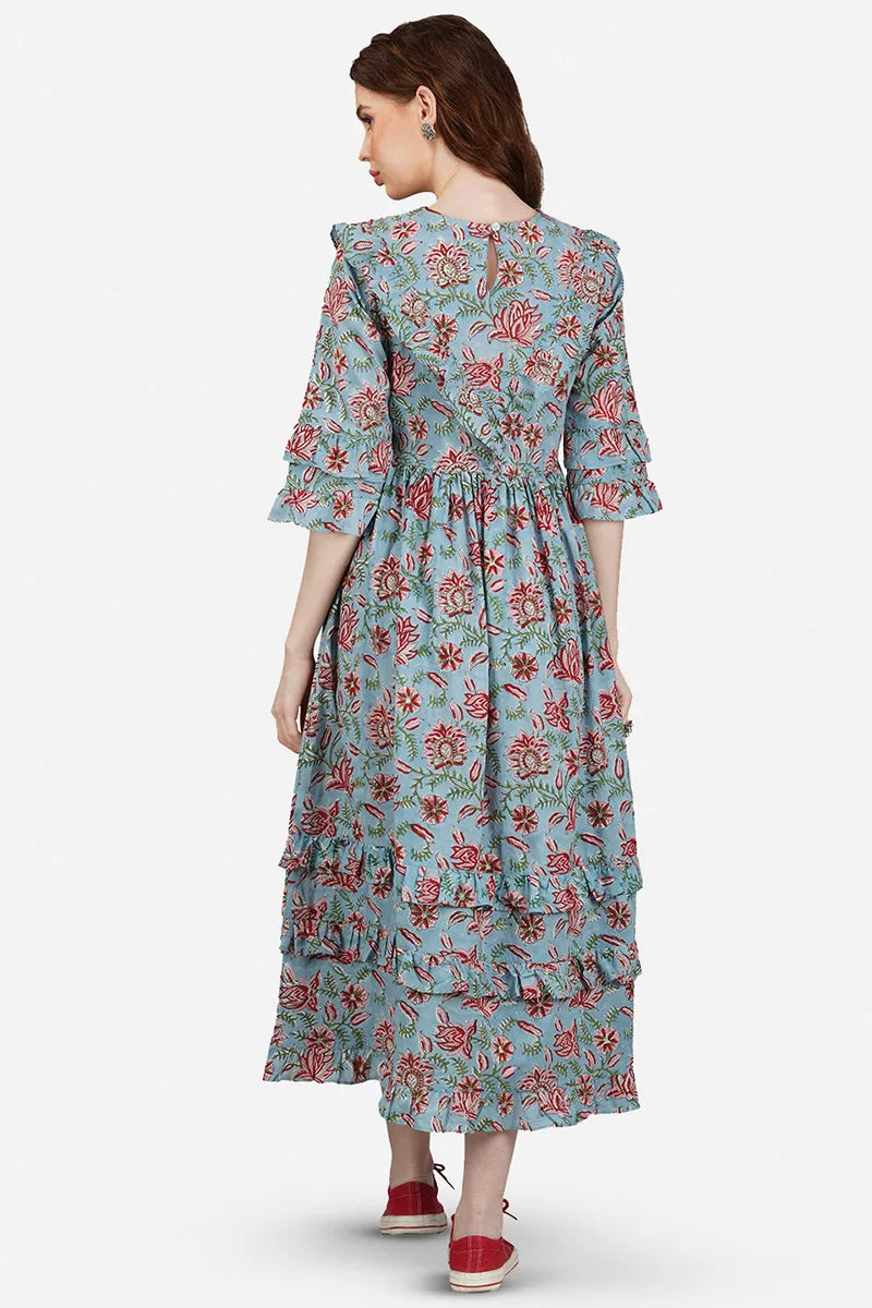Grey Pure Cotton Block Printed Tired Dress