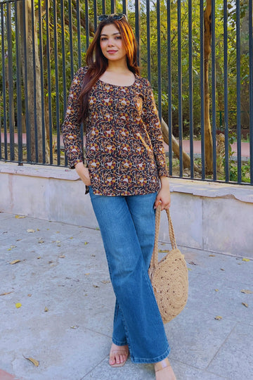 Black Hand Block Printed Short Kurti