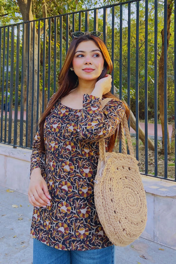 Black Hand Block Printed Short Kurti
