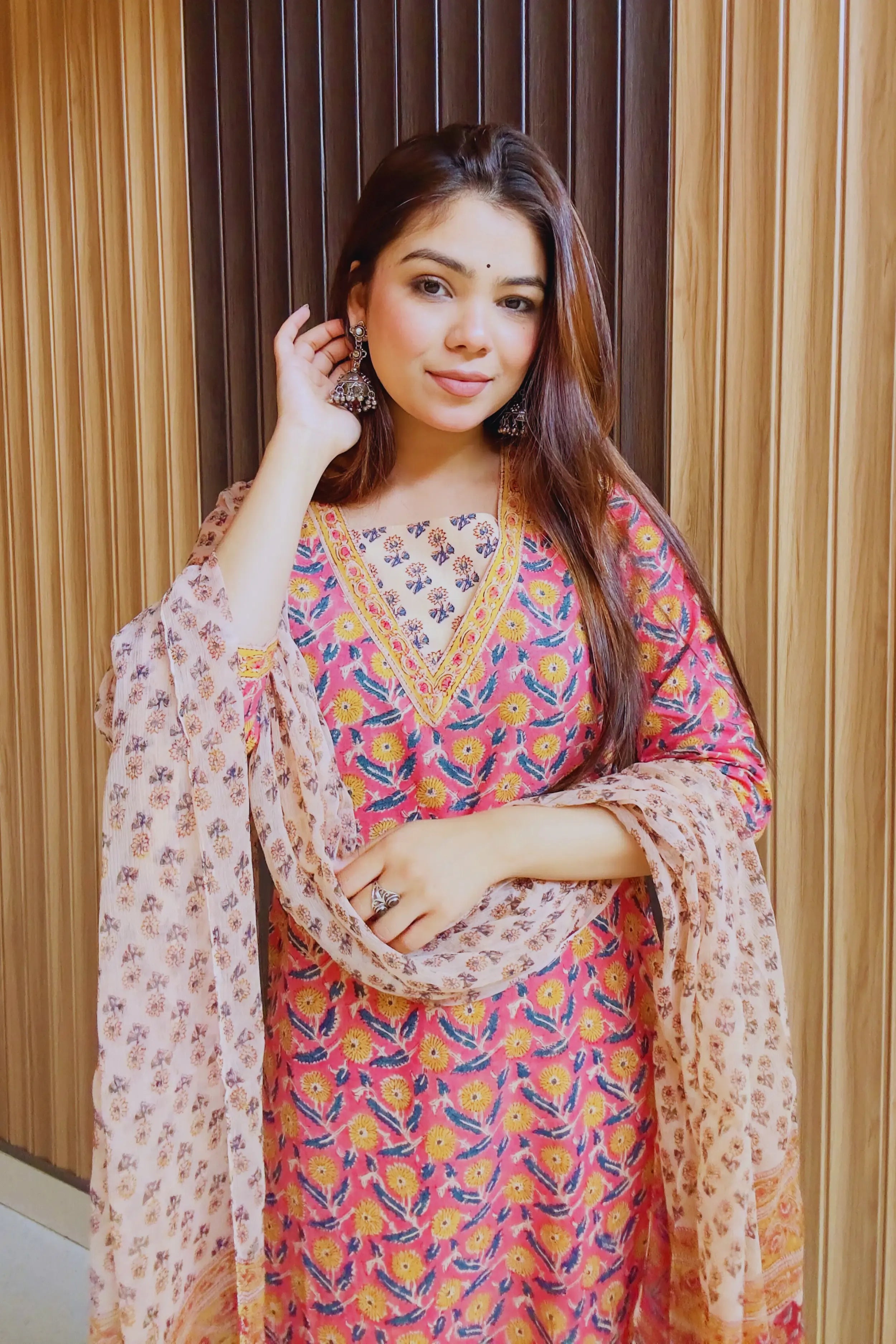 Coral Rust Floral Printed Hand Block Kurta Set with Chiffon Dupatta