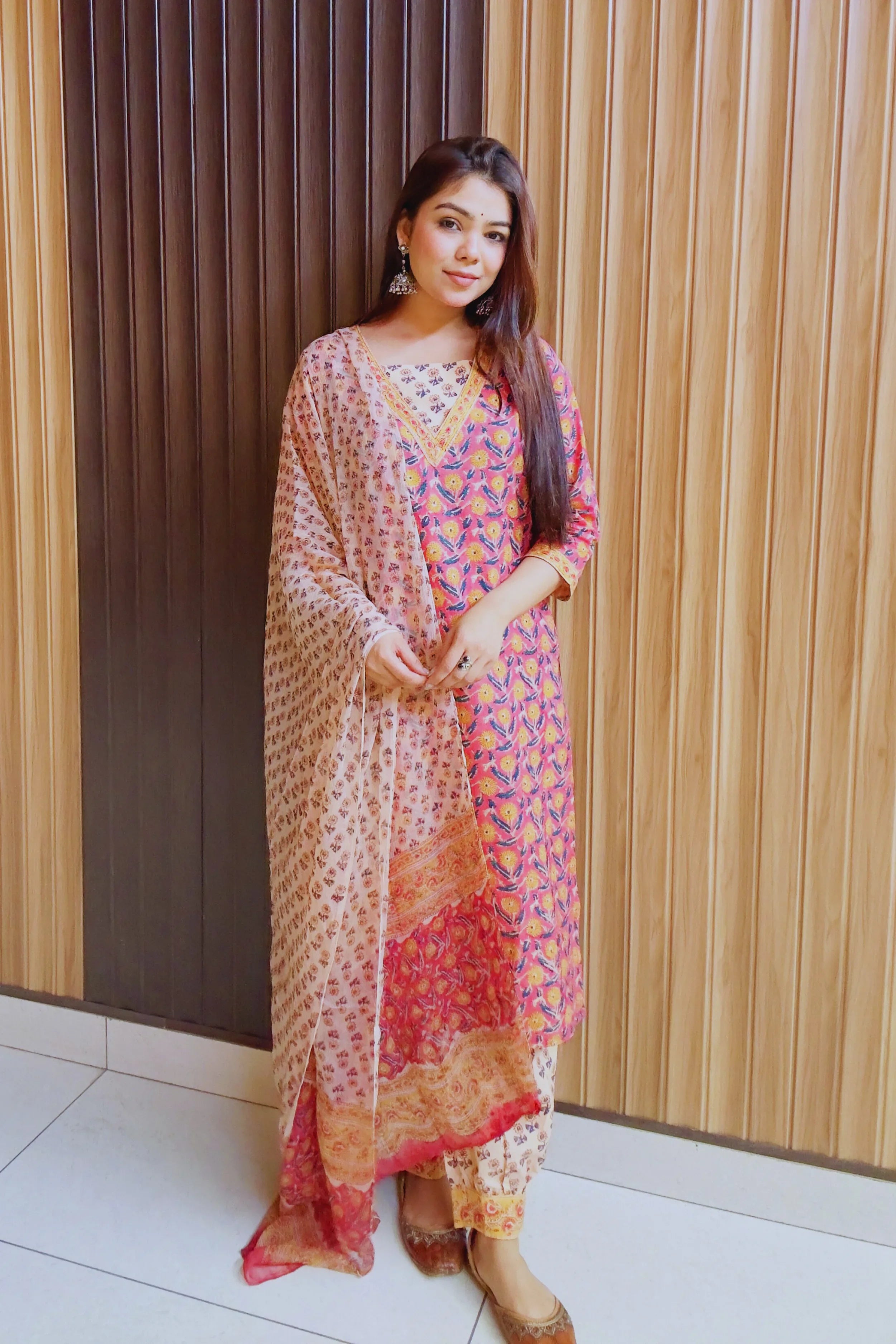 Coral Rust Floral Printed Hand Block Kurta Set with Chiffon Dupatta