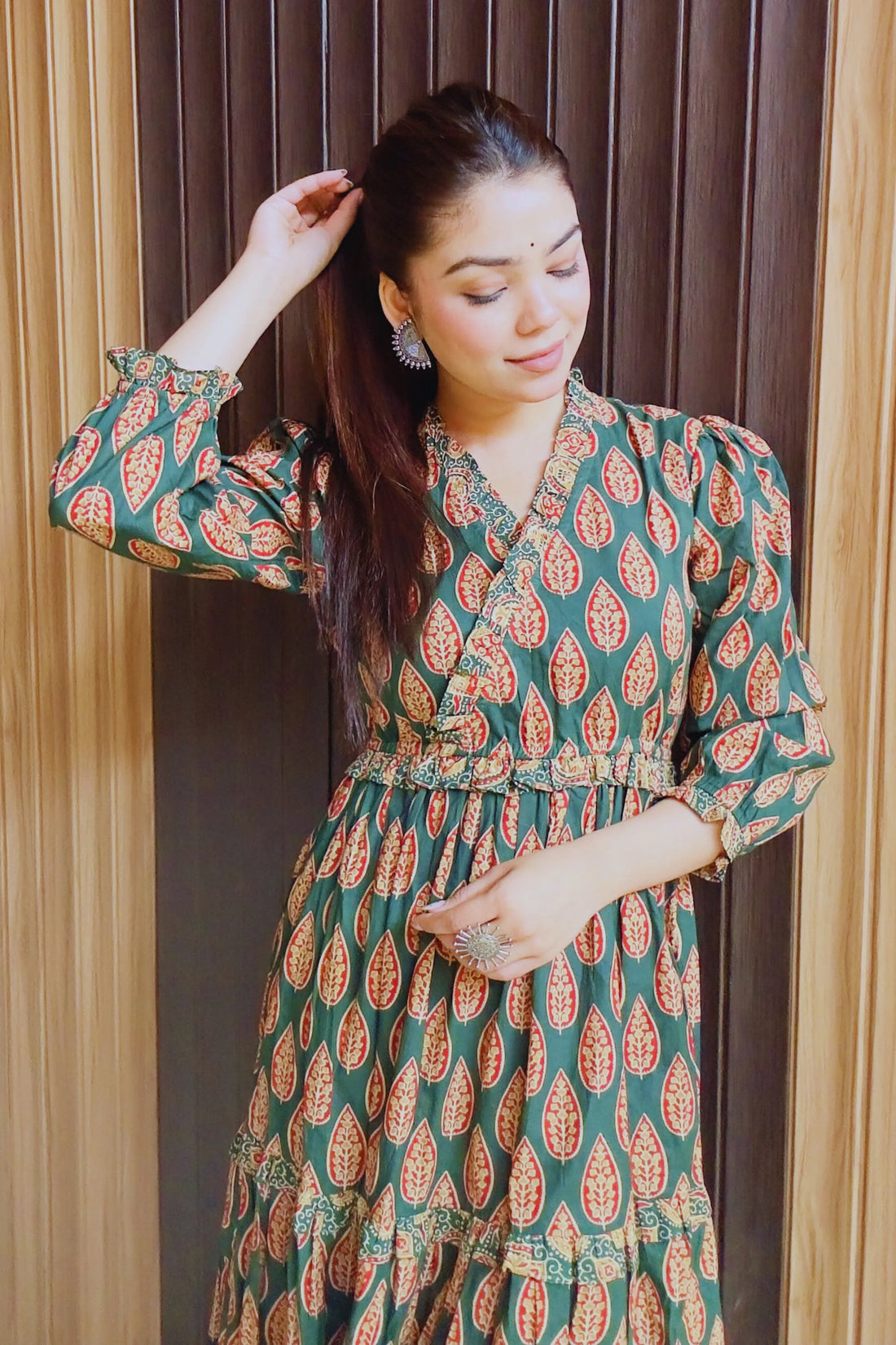 Green Hand Printed Tiered Maxi Dress