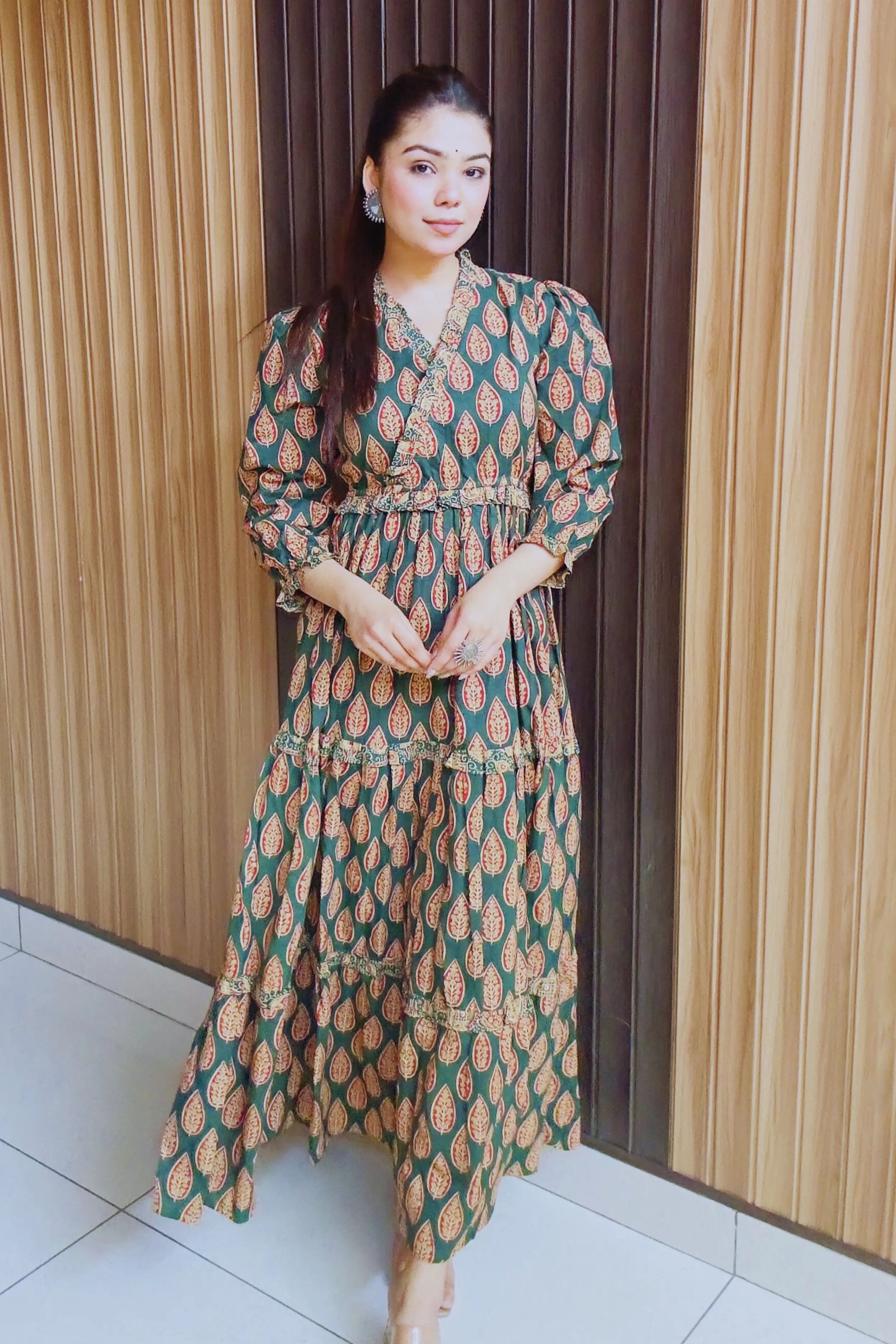 Green Hand Printed Tiered Maxi Dress