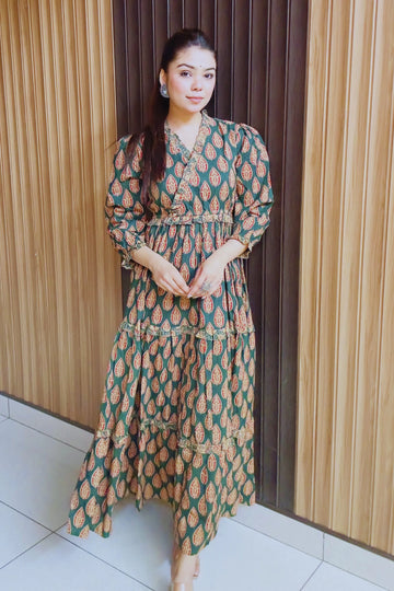 Green Hand Printed Tiered Maxi Dress