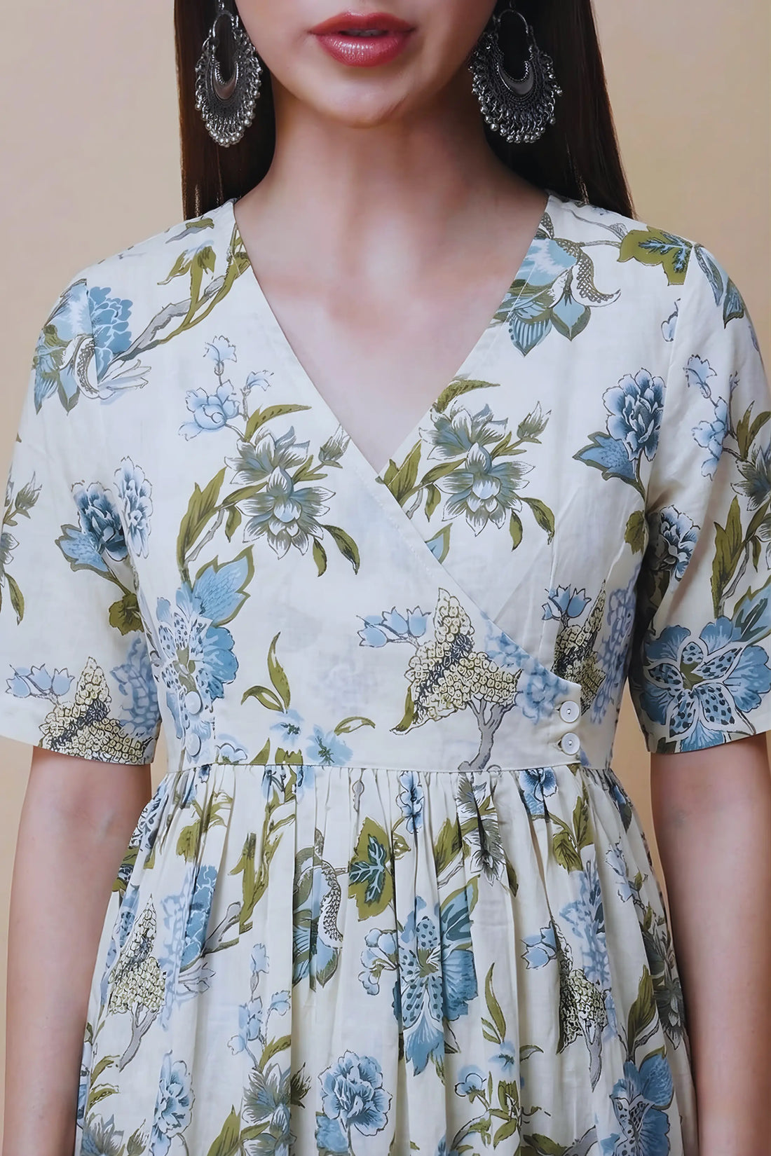 Blue Hand Printed V-Neck Midi Dress In Angrakha style