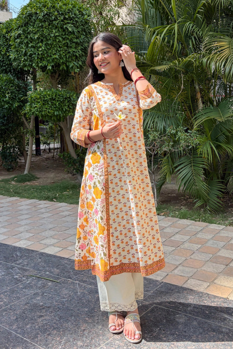 Yellow Hand Printed A-line Kurta
