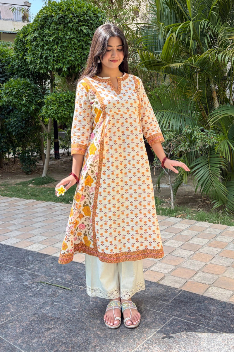 Yellow Hand Printed A-line Kurta