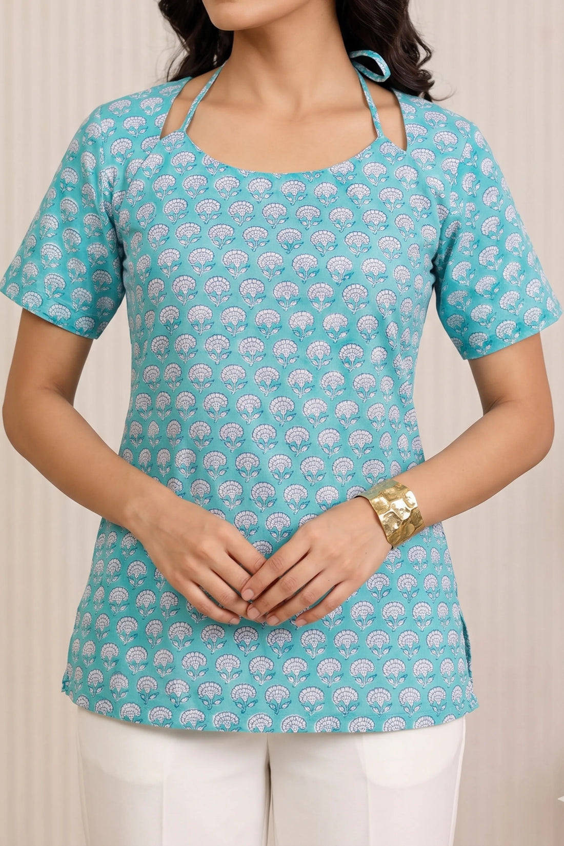 Aqua Green Hand Block Printed Cotton Top with Round Neck & Adjustable Back Corset Detail