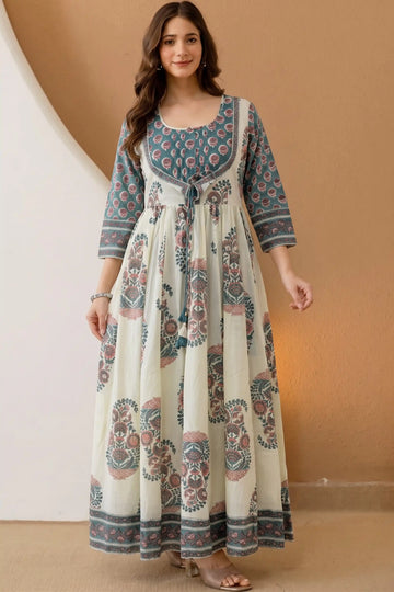 Sea Green Hand Block Floral Printed Anarkali Maxi Dress