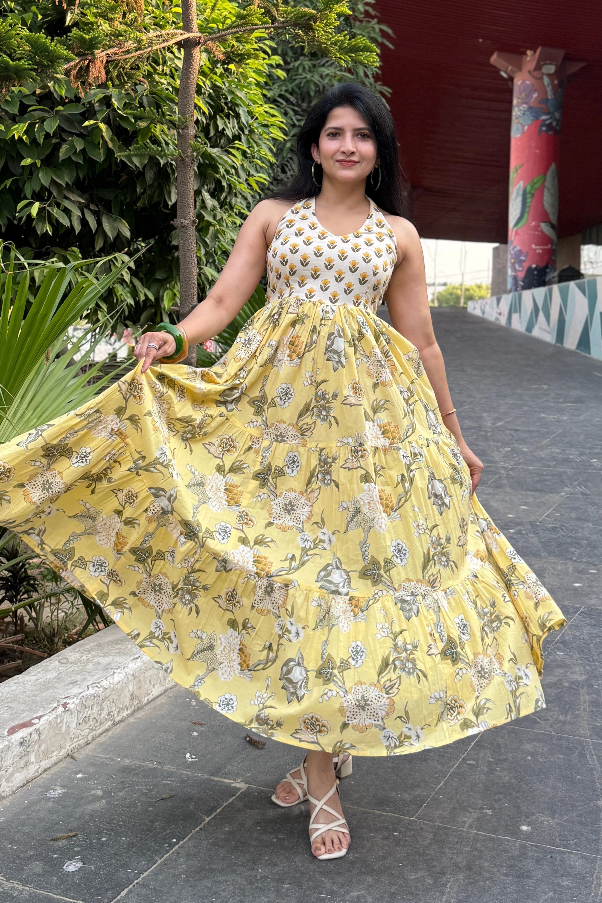 Yellow Floral Hand Printed Halter Maxi Dress