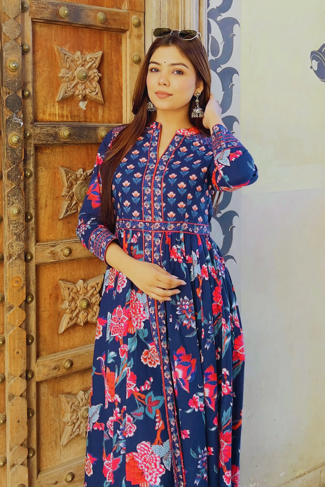 Blue Anarkali Cotton Hand Block Printed Ethnic Maxi Dress