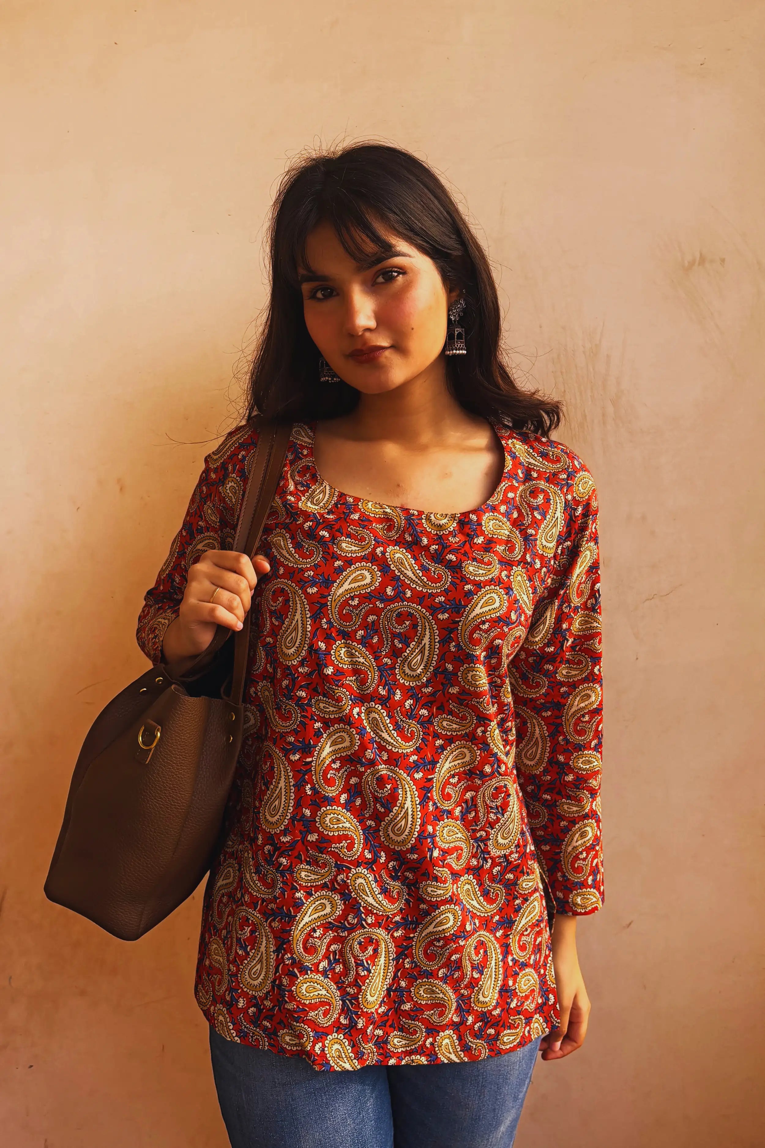 Red Hand Block Printed Short Kurti