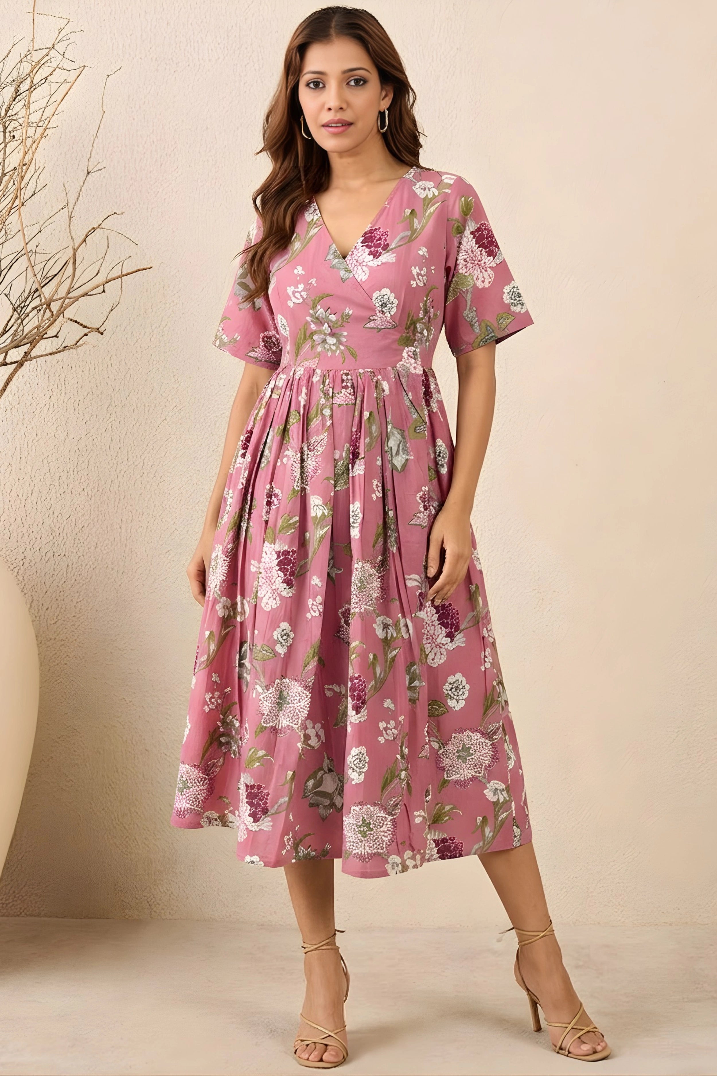 Pink Hand Printed V-Neck Midi Dress In Angrakha style